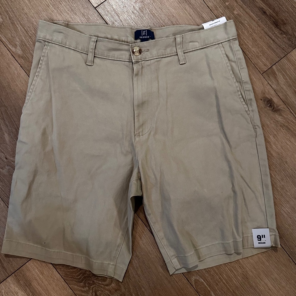 George Mens Flat Front Stretch Shorts Sesame Seed Khaki 30 9 Inch Inseam NWT